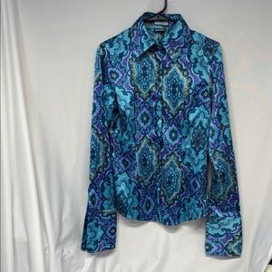 Hawes & Curtis Blue and Purple Patterned Long flare Sleeve button up Shirt 14